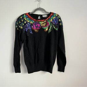 Vintage Claudia Barnes Black Colorful Sequin Glam Knit Sweater Size Small
